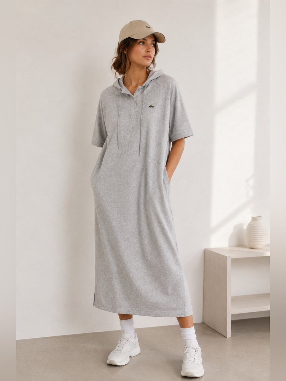 Lacoste Gray Hooded Polo Maxi Dress | Size 36 Small| Logo | Pockets